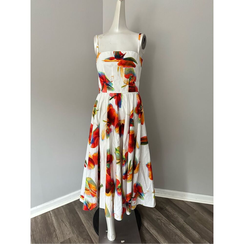NWT Alexander McQueen Orchid Print A-Line Midi Dress Tropical White Red Size 2 $ - Picture 9 of 12